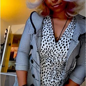 black and white pokeadot dress with striped coat